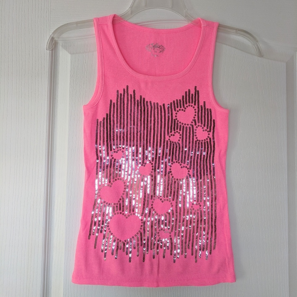 Pink Heart Sequin Ribbed Tank Top